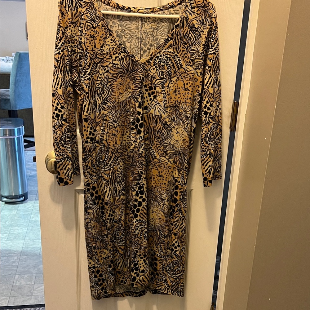 Lilly Pulitzer Black and Tan Animal Print Long Sleeve Dress